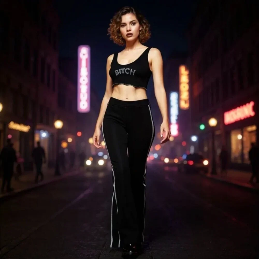 Poster Grl ✦ Rhinestone Stripe Icicle Gaze Flares ✦ Black High‑Rise Stretch Pant - Picture 3 of 8